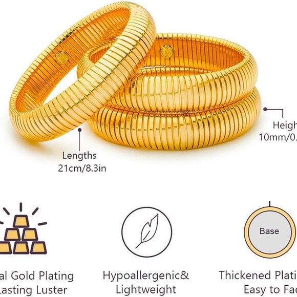 Gold Bangles Set of 3 Chunky Stretch Bracelets for Women Designer Look - Picture 5 of 6